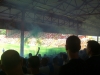 The smoke bomb goes off in the stand
